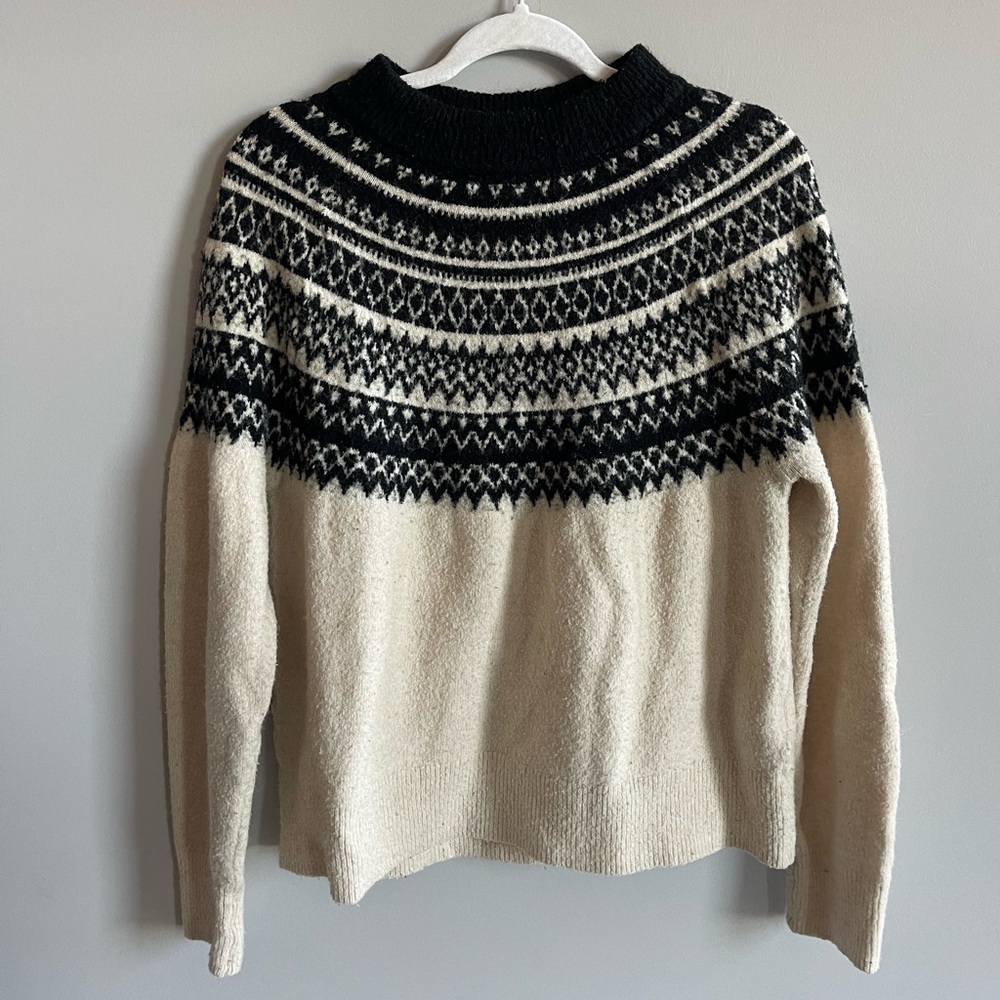 Cream and Black Fair Isle Patterned Mock Neck Sweater
